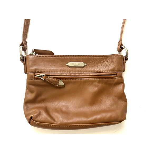 Perlina New York Crossbody Bag Caramel-Brown Leather Small Compact 9x6" Handbag - Picture 5 of 12